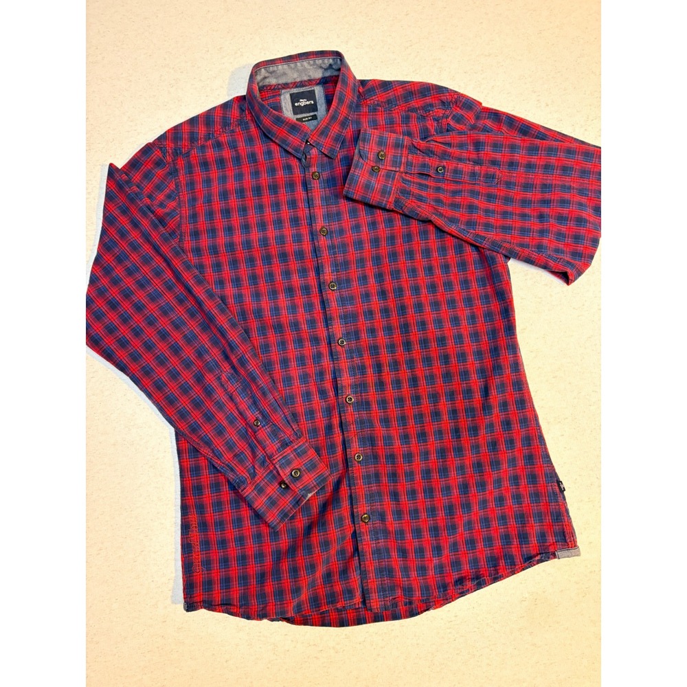 Engbers Mens Slim Fit Plaid Button Down Shirt Red Blue Grand Tour Size M 39/40 - Picture 2 of 8